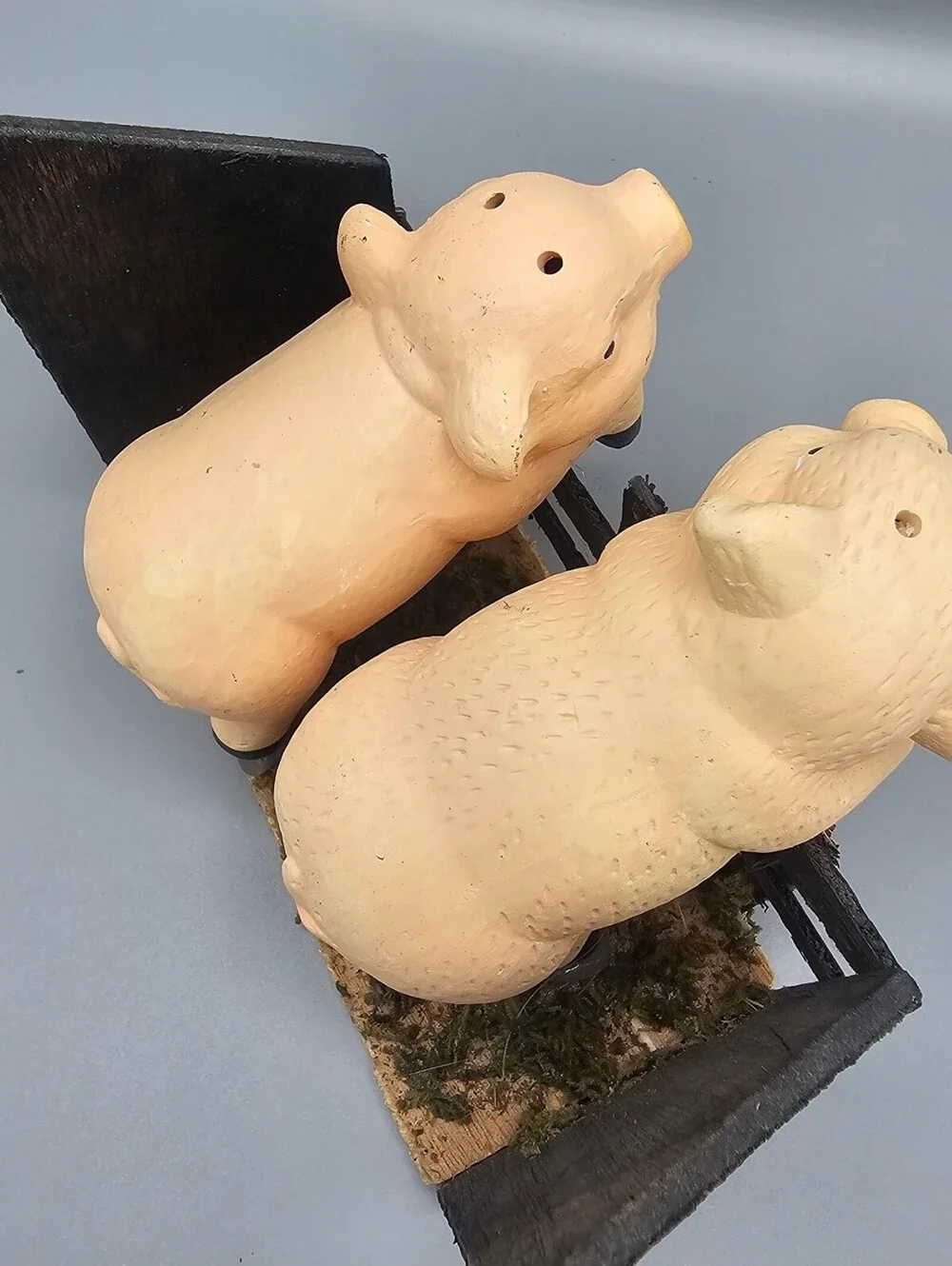Vintage Ceramic Pig Salt and Pepper Shakers with Wooden Fence Holder